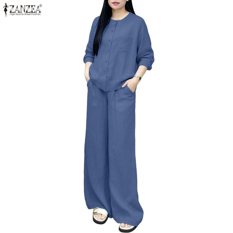 ZANZEA Lässiges zweiteiliges Anzug-Set für Damen mit langärmeliger Bluse und Hose