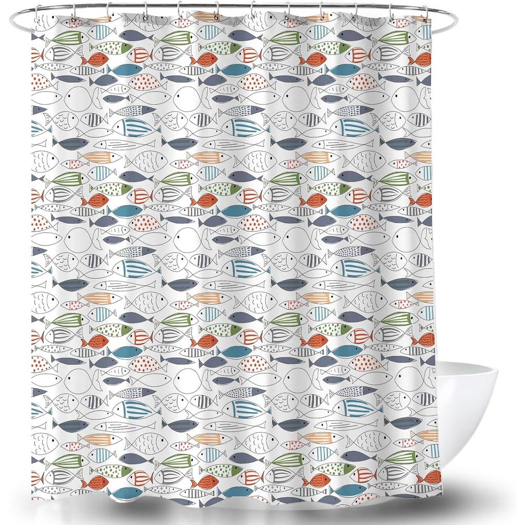 Modern Colorful Fish Art Shower Curtain - Ocean-Themed Design with Fish & Seashells, Waterproof Polyester for Bathroom Decor