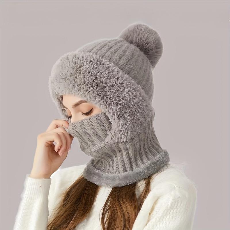 1pc Winter Fleece Lined Knit Hat with Earflap, Windproof and Warm Hooded Neck Gaiter for Outdoor Cycling,Christmas, Halloween