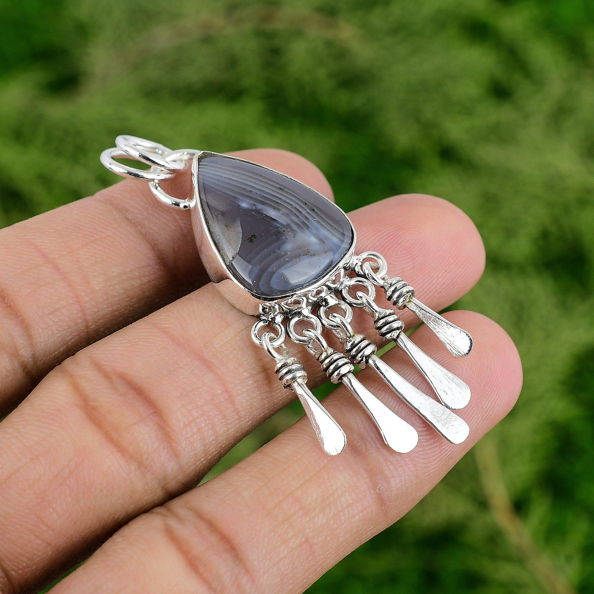 

Sterling Silver Pear Botswana Agate Gemstone Mother Bezel Unique Pendant Jewelry