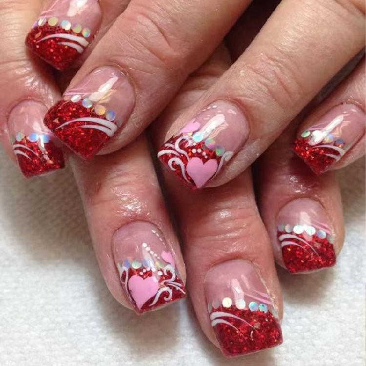 

Valentine s Day Short Square Pink Heart Glitters Press on Nail 24 Pcs False Nail for Women Manicure Nail Decoration 1