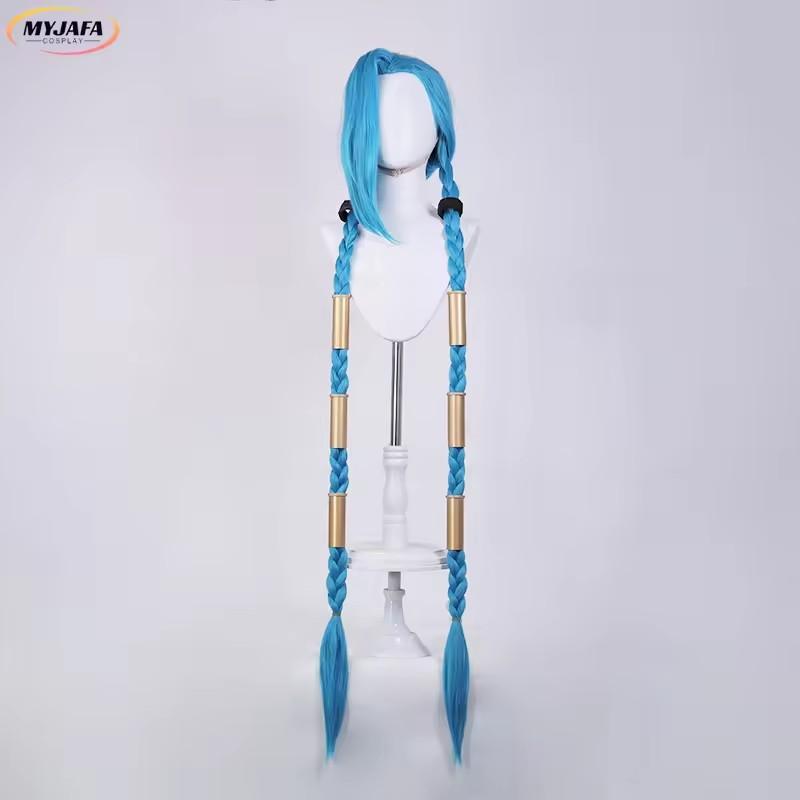 High Quality Jinx Cosplay Wig Long Braided Blue Braid Heat Resistant Synthetic Hair Anime Party Halloween Wigs + Wig Cap