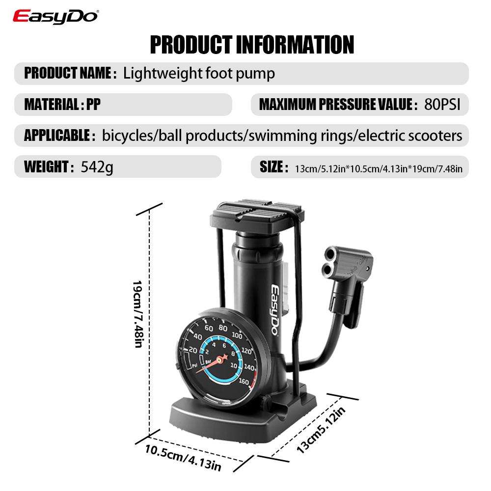 Easydo Bicycle Pump 80PSI AV FV Portable Bike Foot Air Inflator with Guage High Pressure Ultra-Light Mini Pump for Balls Balloon Bike Foot Pump
