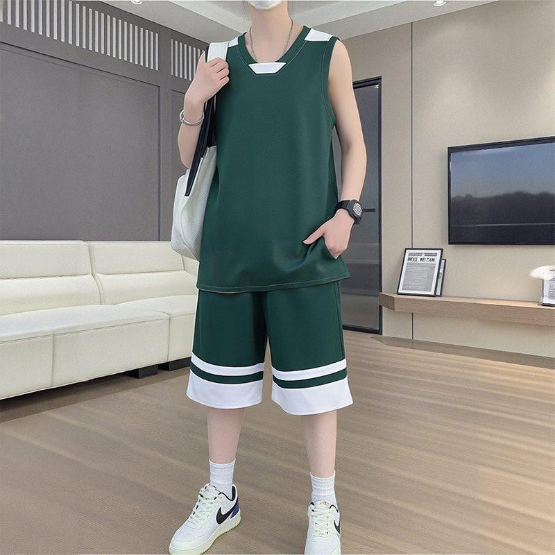 

11036 Men s Summer 2026 Sleeveless Ice Silk Quick-Dry Vest and Shorts Set for Training 3XL темно-зелений колір