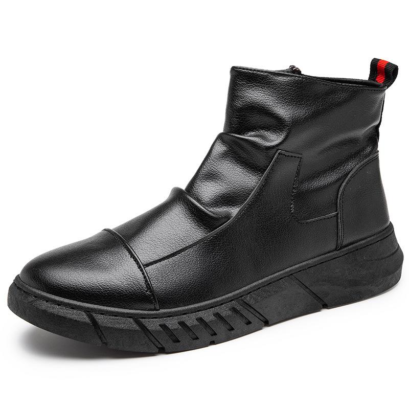 Fashion Casual Thick Sole Raising Board Shoes Men's Trend Fashion Leather Comfortable High Top Waterproof Ankle Boots Retro Black Men