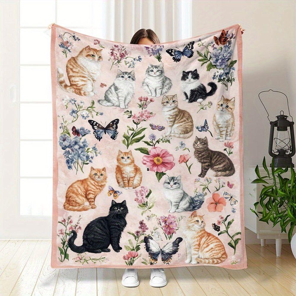 Thick, Soft and Fluffy Blanket Cute Cat and Floral Patterned Blanket Carriage-style Bedroom and Living Room Coverlet