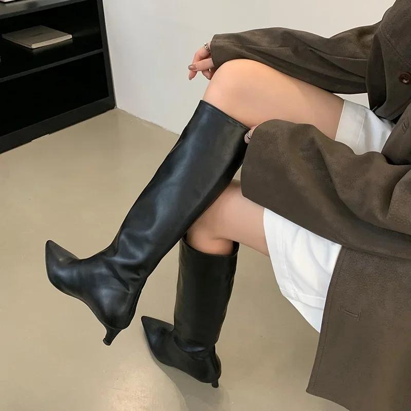 Street Style Women Knee-High Boots Fashion Pointed Toe Thin Low Heels Casual Party Shoes Autumn Winter Long Booties Goth
