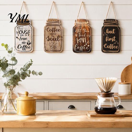 Coffee Station Hanging Decoration 4Pcs Bar Wooden Wall Sign, Farmhouse Rustic Mason Jar Kitchen Sign Decoration, Art Plaque for Cafe Dining