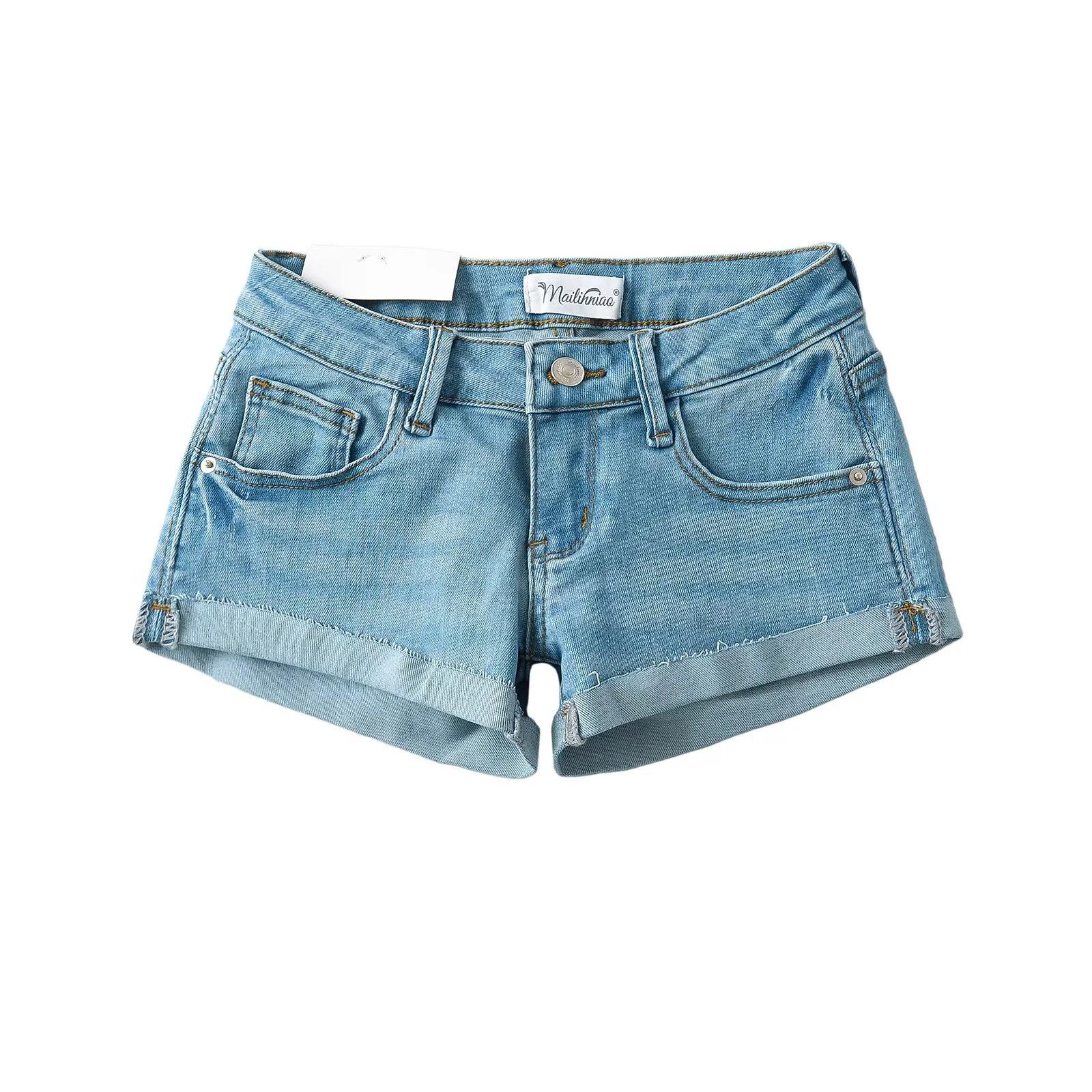 

Женские летние джинсовые шорты с низкой посадкой, облегающие фигуру - Эластичные, Облегающие, Универсальные, С подвернутым краем Extra Small светло-синий