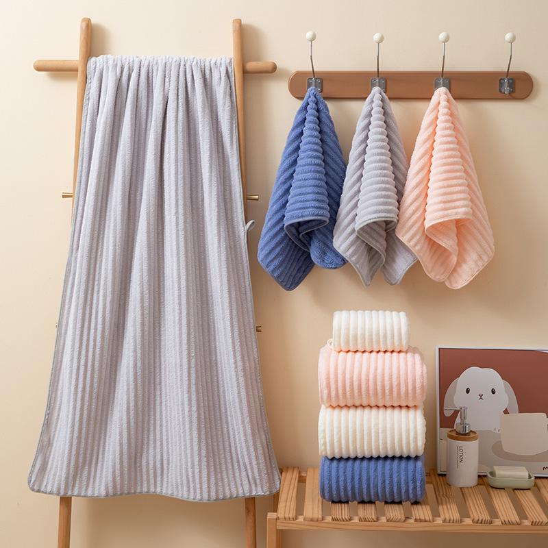 Candy Stripe Coral Fleece Towel - Thick, Absorbent, Non-Shedding Velvet Bath Towel for Daily Household Use