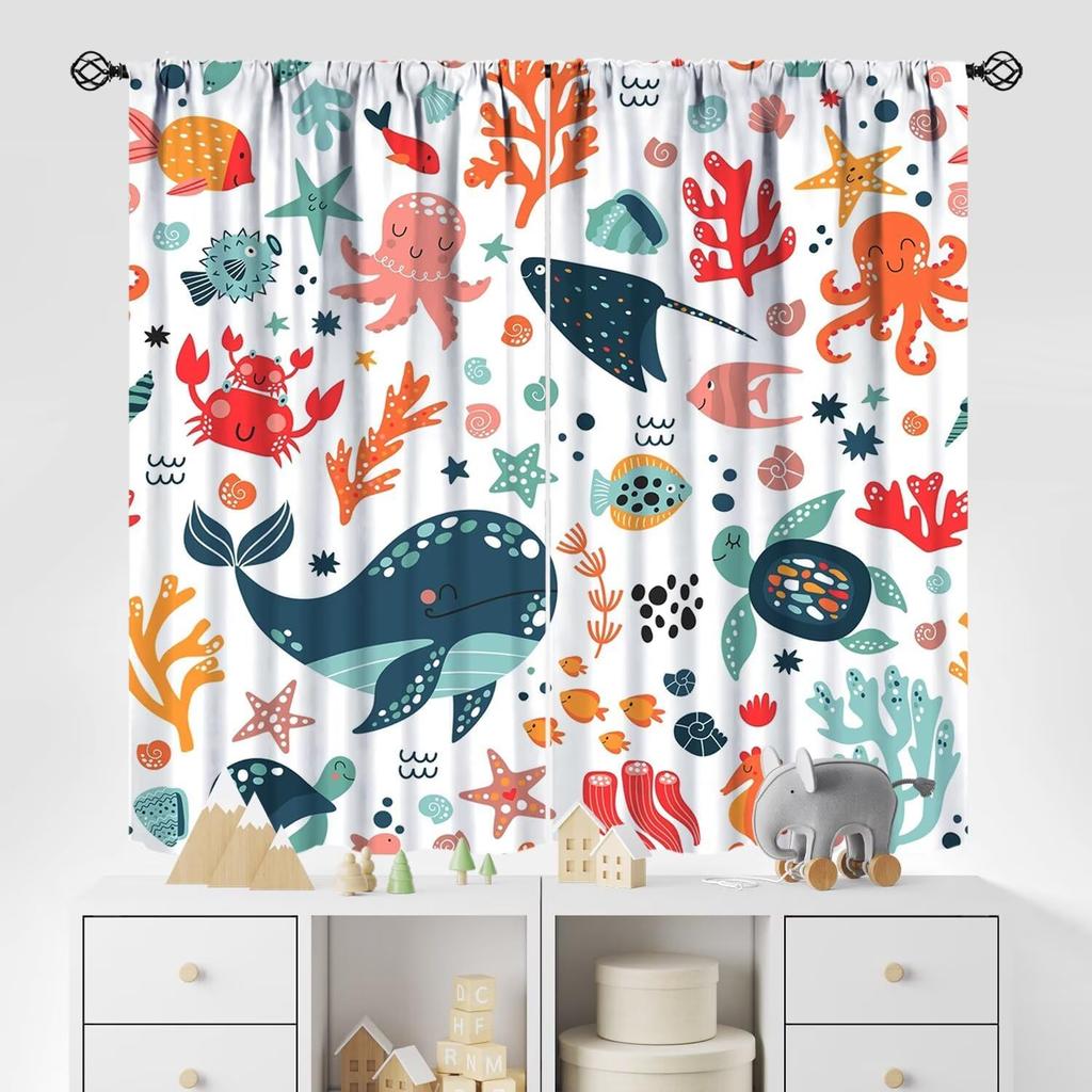 Kids Sea Animal Curtains Teens Boys Girls Bedroom Nursery Decor Cartoon Sharks Art Printed Window Drapes Fabric Light Blocking Polyester Sleeping Area