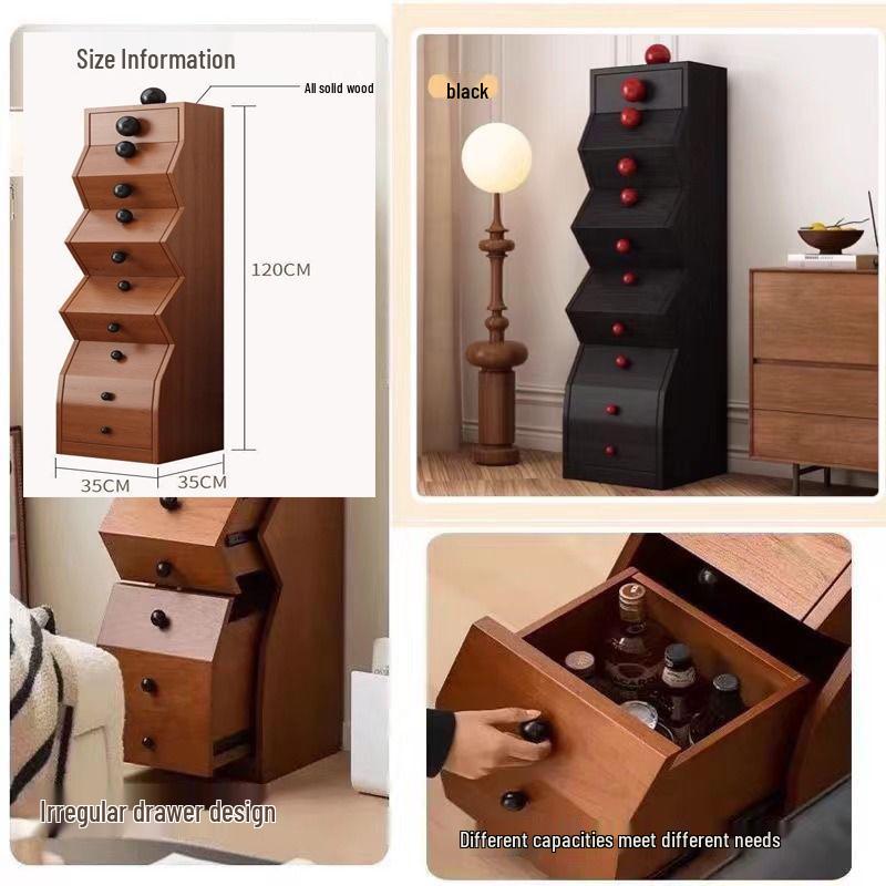 Solid Wood Irregular Five-Drawer Cabinet with Bead Design - Unique Living Room Storage Shelf
