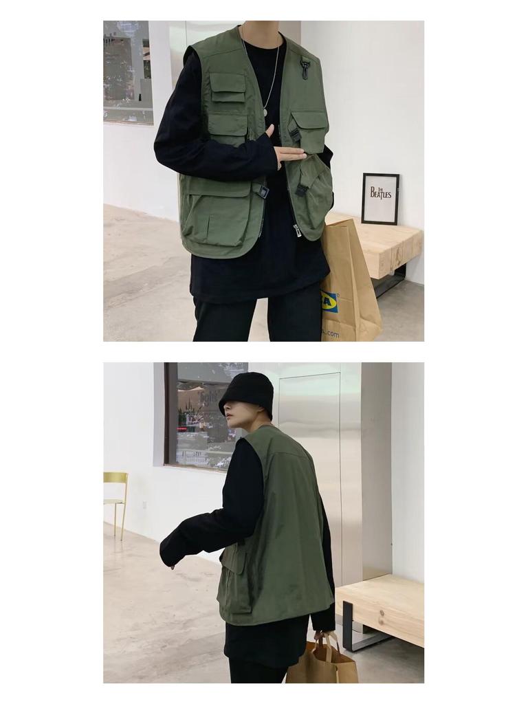 Herren Retro Japanische Streetwear Multi-Taschen Arbeitsweste, Lässige Lockere Passform, Ärmellos Nationaler Tide-Stil.