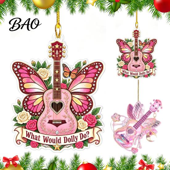 Creative Hanging Guitar Ornaments Pink Butterfly Ornament, Acrylic Music Decor with Rose Artistic Baubles And Quote, Christmas Tree Pendant,