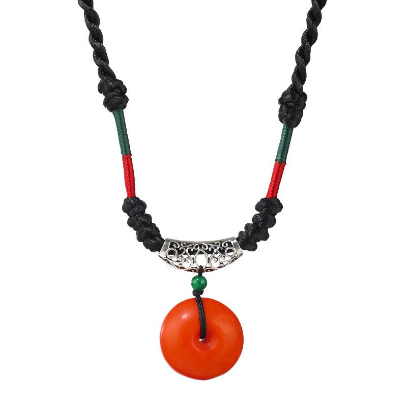 Ethnic Style Imitation Old Beeswax Short Necklace Safety Buckle Pendant Women's Collarbone Chain Retro Woven Pendant Cotton and Linen Accessories