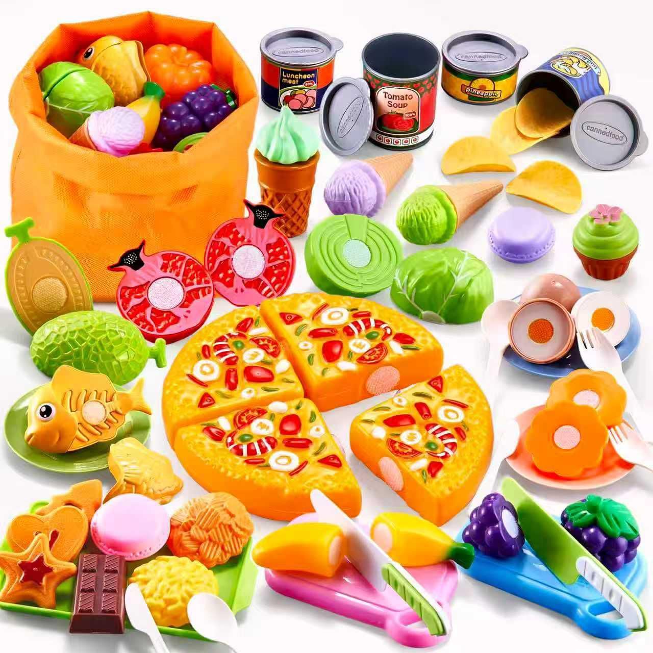

MIRAIMAX Kids Play Food Set Kitchen Set, 66-Piece Pretend Play Food Toy Set for Toddlers, Includes Pizza, Fruit, Storage Bag, Cutting Toys, Food Play