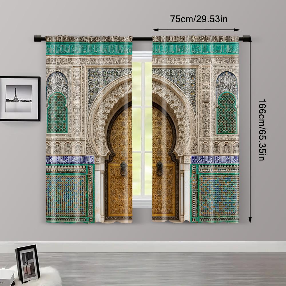 2pcs   Spring Summer Curtains Vintage Morocco Palace Door Print Semi-Sheer Curtains Durable 100% Polyester Fabric Decorations