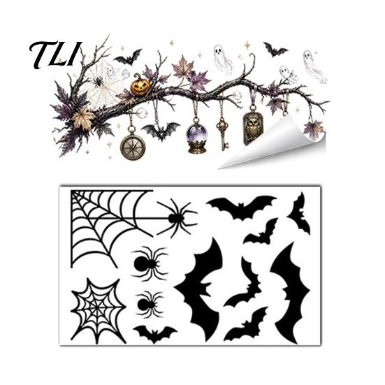 Static Cling Ghost Bat Pumpkin Stickers 2 Sheets Halloween Window Stickers, Spider Web Decals, Removable Retro Decor Waterproof for Glass Doors