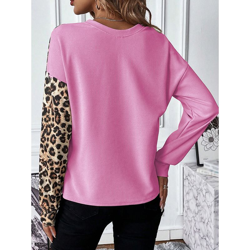Fashion Color Contrast Patchwork Leopard Print Long Sleeve T-shirt Women 2024 Fall and Winter New Arrival Loose Round Neck Pullover Tops Women