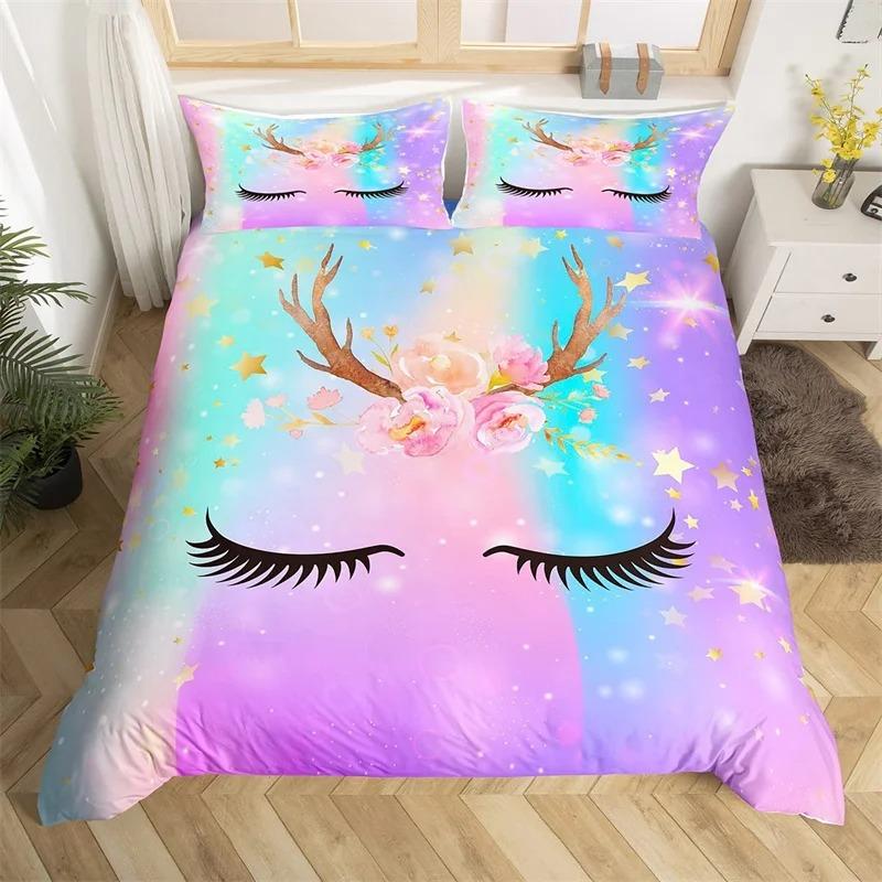 Colorful Luminous Unicorn Print Bedding Set 3D Cartoon Animal Pattern Duvet Cover Bedroom Decor With Pillowcases For Girls Gift