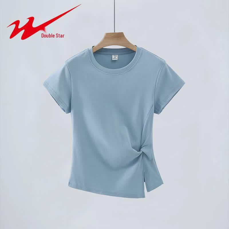 Shuangxing Women's Summer Round Neck Slim Fit Irregular Pleated T-Shirt