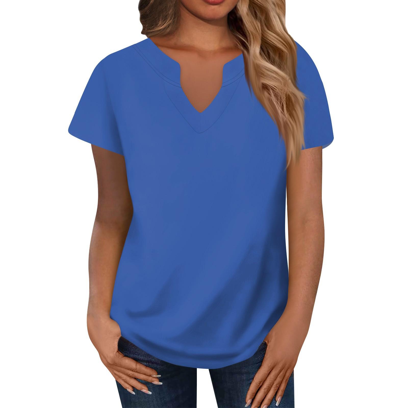 

Women s Tops Loose Casual V-Neck T-Shirt Short Sleeve Color Fashion Top XL синий