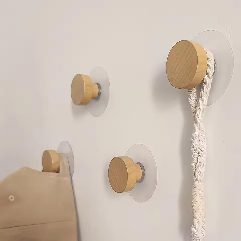 2pcs Self-adhesive Wooden Hook Home Accessories Bathroom Wall Hook Bedroom Coat Storage Rack Towel Key Decoration Hook Hanger