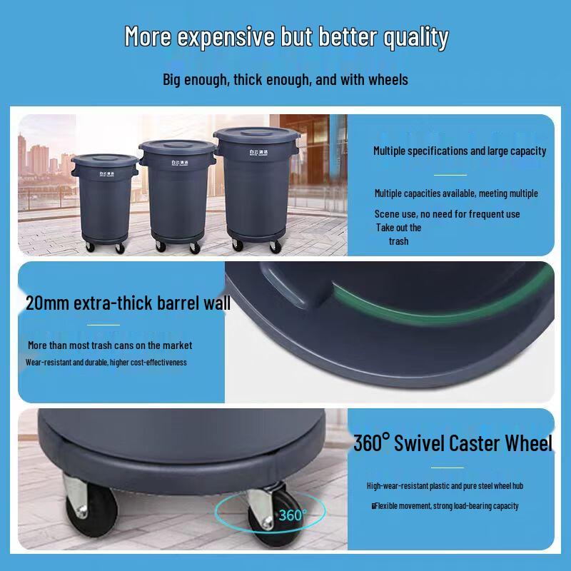 BAIYUN CLEANING 80L Round Outdoor Commercial Trash Can with Wheels and Lid
