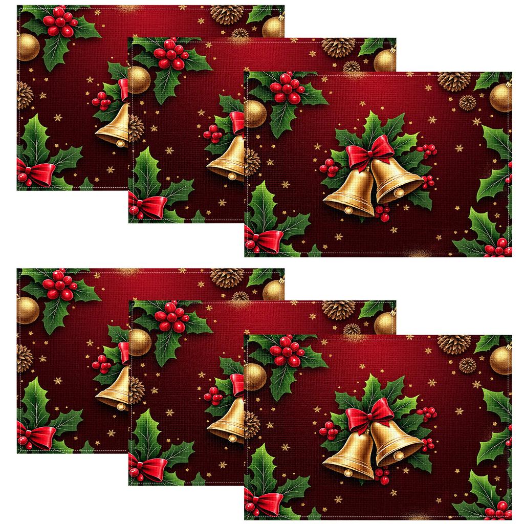 4pcs/6pcs Autumn Elements Thanksgiving Halloween Holiday Decor Linen Placemats with Christmas Bells Holly Berries 2D Flat Pattern Print. Gorgeous
