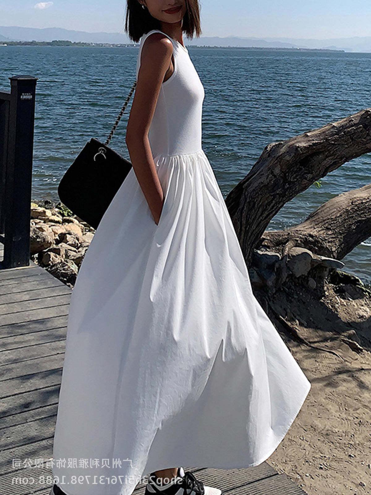 

New-Style Patchwork Sleeveless Maxi Dress – Japanese & Korean-Inspired, Designer Feel, Slimming Fit, Elegant Look Large білий
