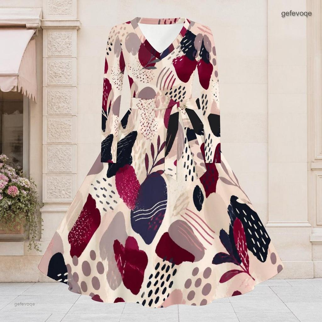 Women Plus Size V Neck Long Sleeve Printed Tie Waist A Line Flared Midi Dress