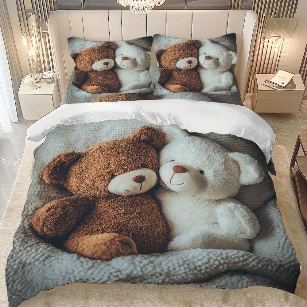 

Lifesmells 2/3Pcs Teddy Bear Duvet Cover Set Teddy Bear Bed Cover Set Cozy Bedding Set Holiday Gift Idea For Merry Christmas Duvet Cover Set&EU Single(135x200cm)