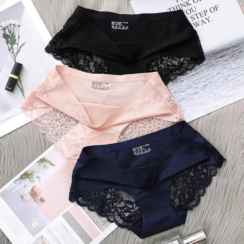 Women's Ultra-Thin Ice Silk Lace Mid-Waist Panties - Seamless, Breathable, Cotton Crotch, Plus Size, Sexy, Skin-Friendly Triangle Design