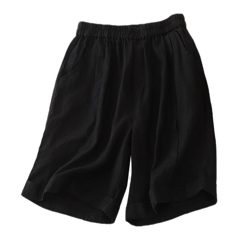Real Shot Summer New Cotton and Linen Literary Large Size Thin Elastic Waist Loose A-shaped Wide-leg Shorts Women
