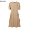ZANZEA Women Casual Round Neck Solid Color 3/4 Sleeve Long Dress