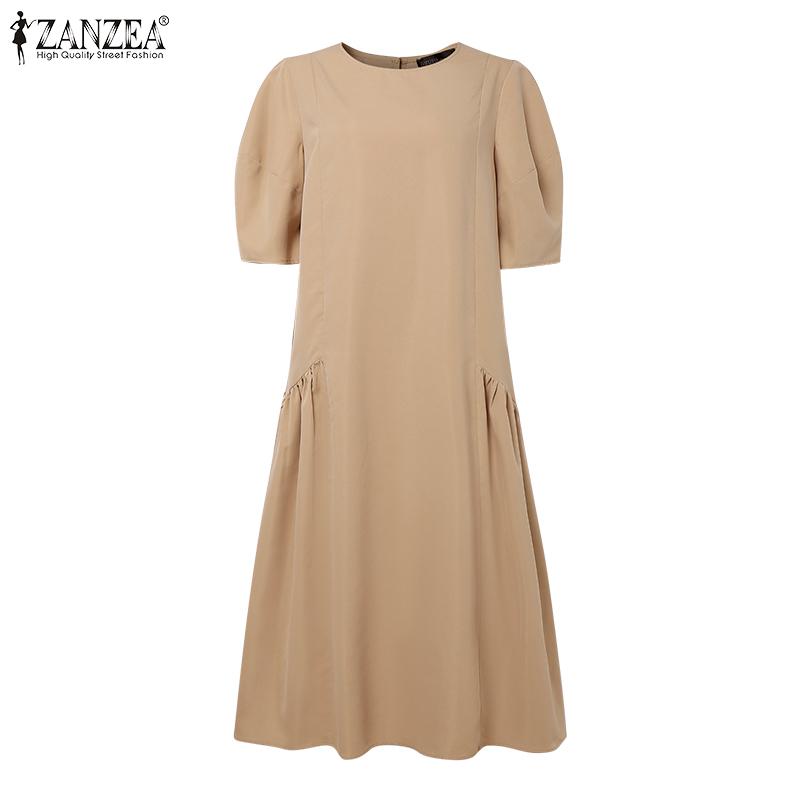 ZANZEA Dámské ležérní šaty s kulatým výstřihem, jednobarevné, s 3/4 rukávy, dlouhé