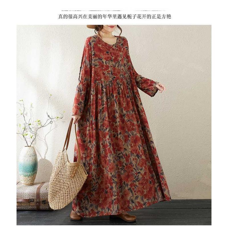 Round Neck Long Sleeve Loose Literary Vacation Style Plus Size Skirt