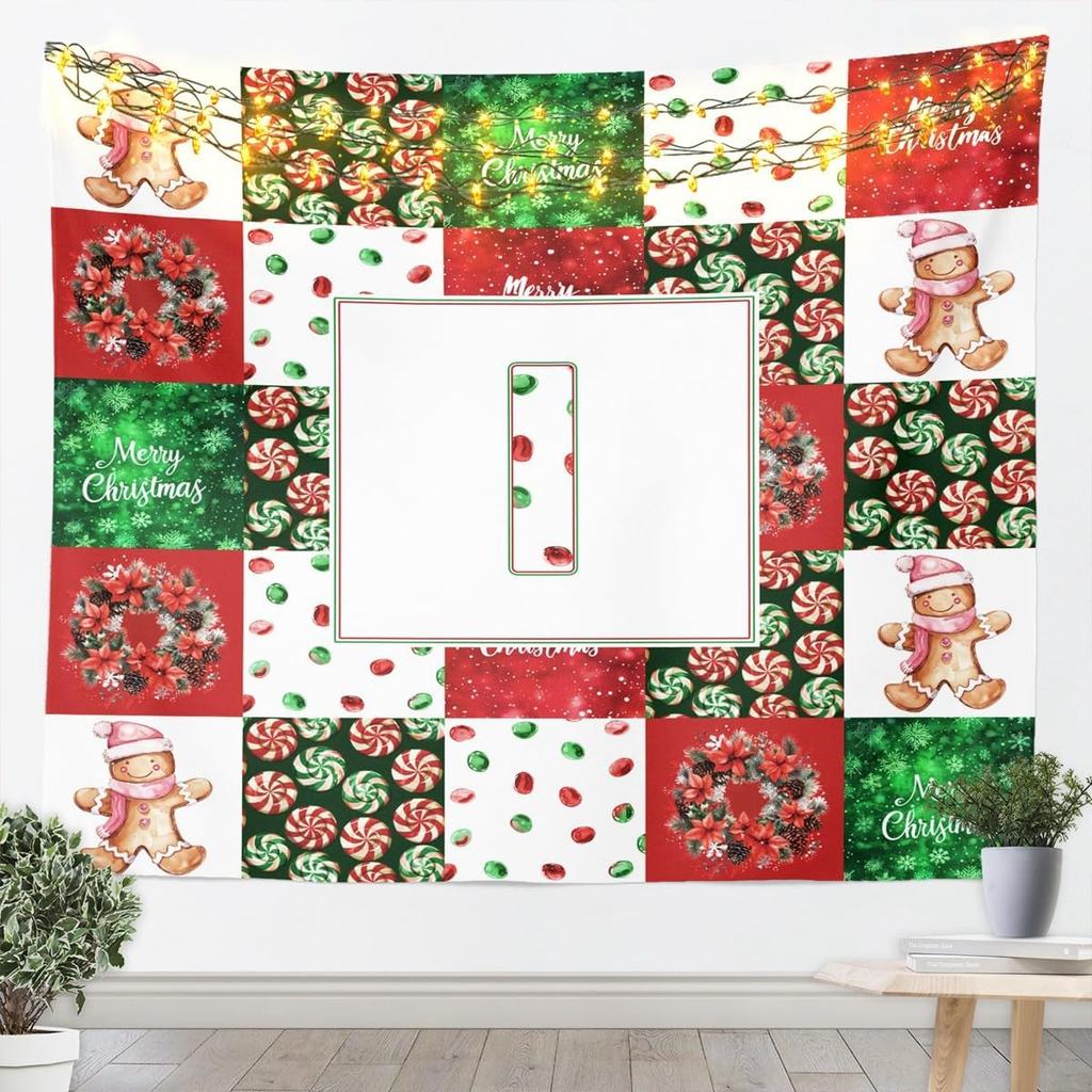 Frohe Weihnachten Wandteppiche Heimdeko Weihnachtsmann und Rentier Druck Wandbehang für Tür Büro, Weihnachten Kiefer Schneeflocken Rot Grün