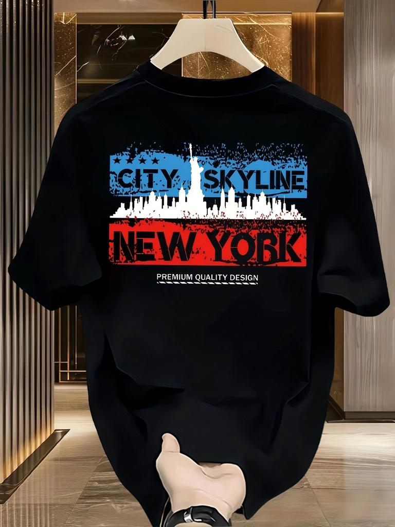 Mens Heavyweight Cotton TShirt  New York Skyline Graphic Casual Summer Short SleeveWhite with Red and Blue New York Print