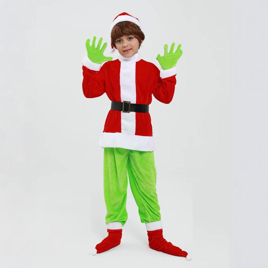 Kids Boys Santa Claus Xmas Green Elf Red Top Pants Hat Sets Children Christmas New Year Cosplay Costumes Performance Role Play Outfit