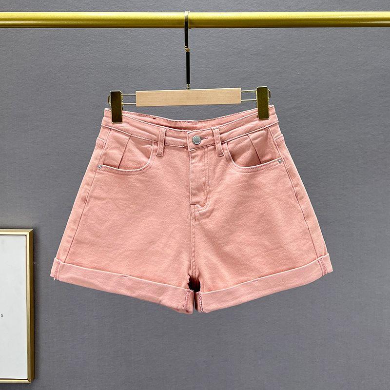 

Flanging High Waist Slim Looking Wild Candy Color Denim Shorts Pink M