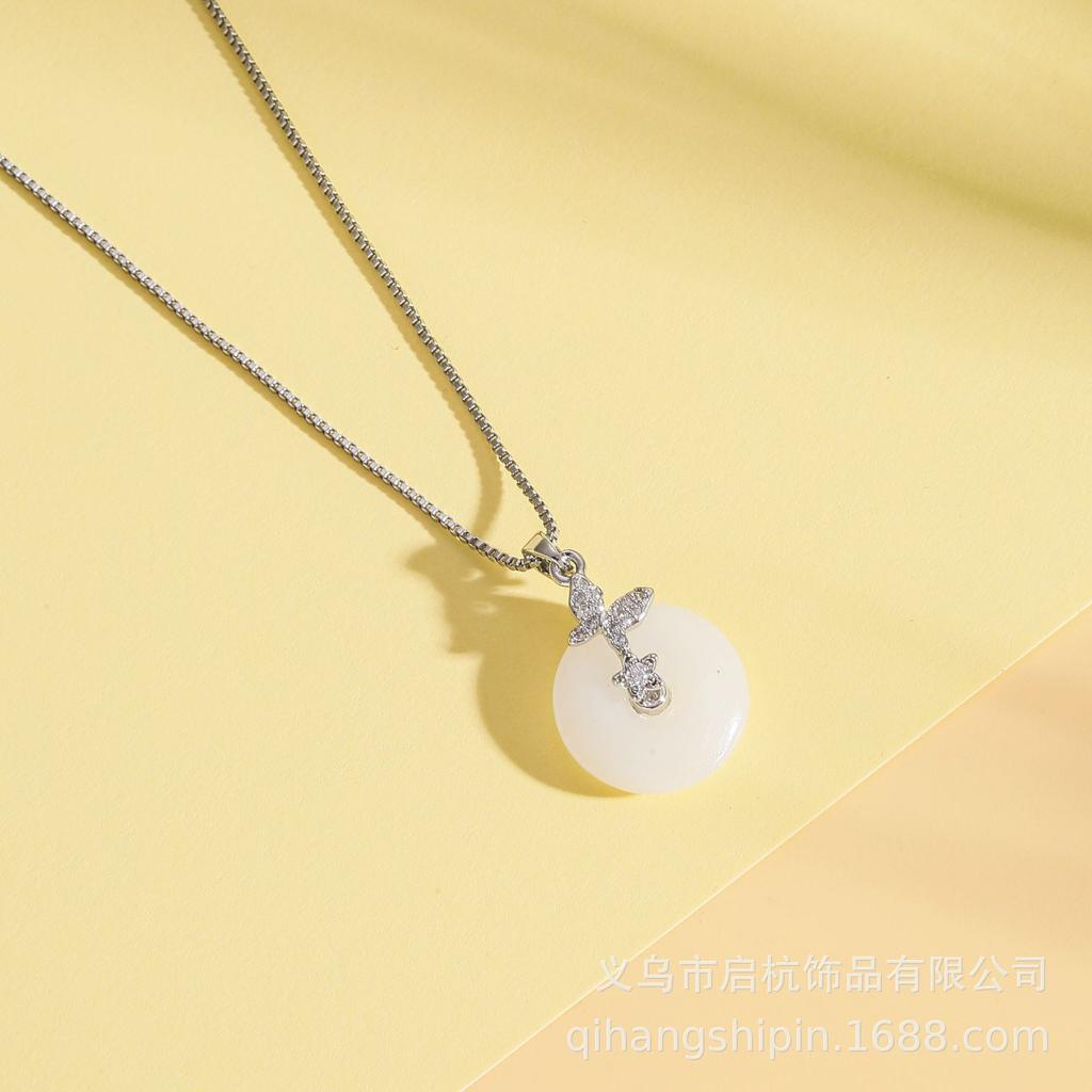 Ping An Buckle Necklace Women'S Light Luxury Retro Guochao Inlaid White Jade Pendant Necklace