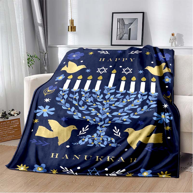 Jewish Hanukkah Golden Menorah Dove Star Of David Vintage Blue Red Border Print Soft Flannel Throw Blanket Warm Sofa Bed Decor Cover For Holiday Fans