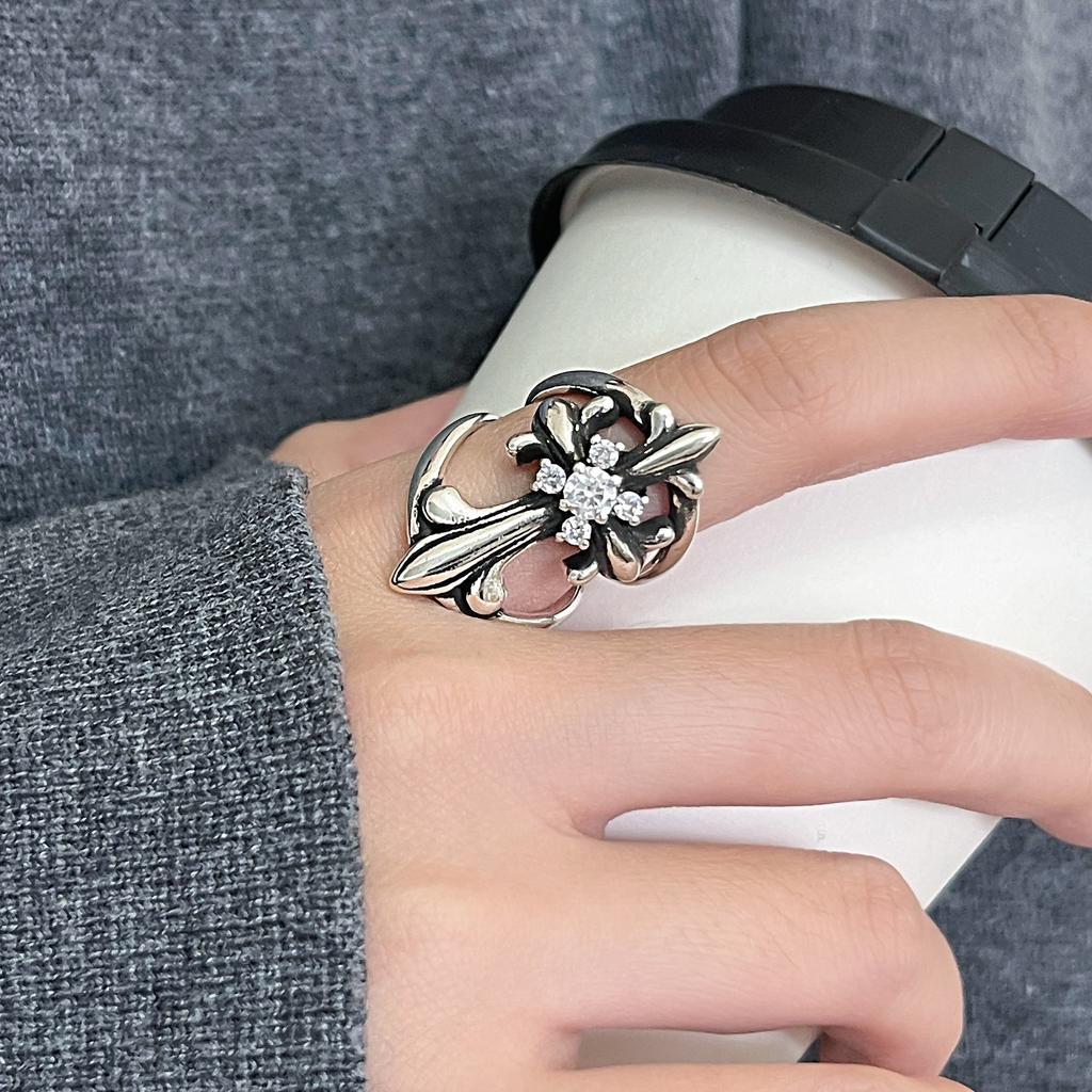Niche Unique Design Exaggerated European and American Style Retro Zircon Flower Cross Ring