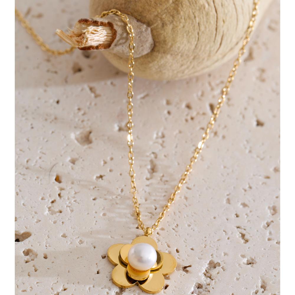 Yhpup Hot Style Stainless Steel Pearl Flower Pendant Necklace Water Resistant Summer Chic Fashion Jewelry Wholesale