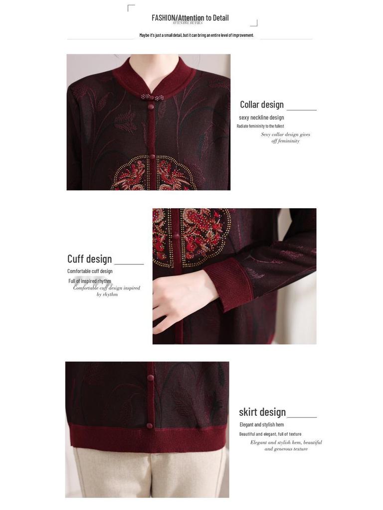 Plus-Velvet National Style Sweater for Middle-Aged and Elderly Women - Autumn/Winter Loose Fit