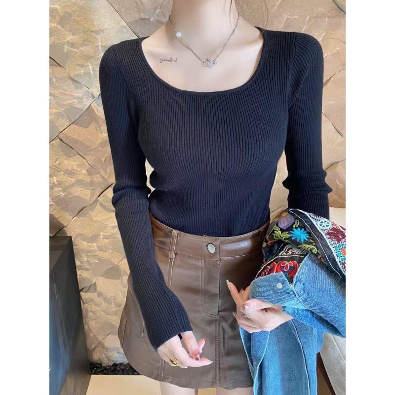 Fashion Women's Solid Square Collar Sweater Autumn Winter Long-sleeved Inner Top Slim Bottoming Knitted Sweaters Casual Pullover