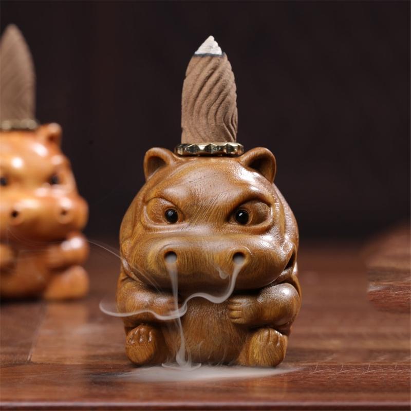 Handcraft Wood Backflow Incenses Burners Wood Carving Cow Hippo Ornament Censers Aromatherapy Diffuser for Home Decors