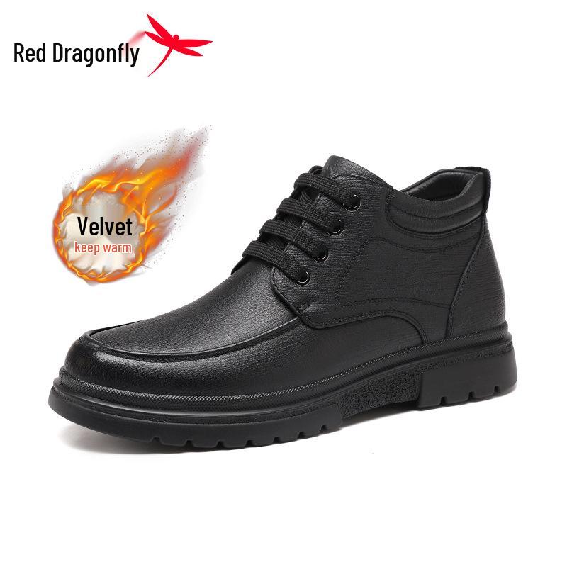 Red Dragonfly Men s Winter High-Top Leather Shoes: Casual, Thickened, Plus Fleece, Waterproof Genuine Leather. 39
