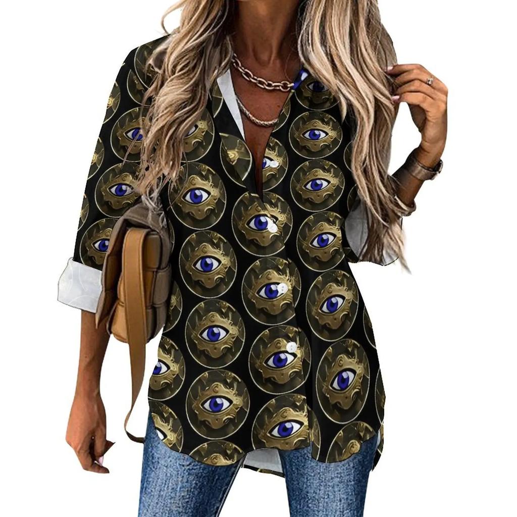 Women Street Fashion Shirt Abstract Evil Eye Casual 2025 New Spring and Autumn Blouse Long Sleeve Vintage Print Office Blouses